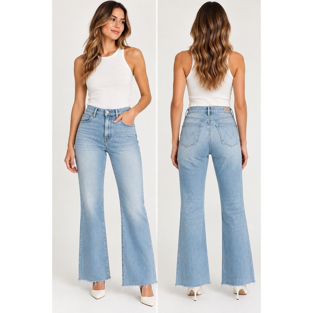 MOTHER The Weekender Fray Jeans Sz 24 Light Wash HR Swiming Pool Flare Raw Hem